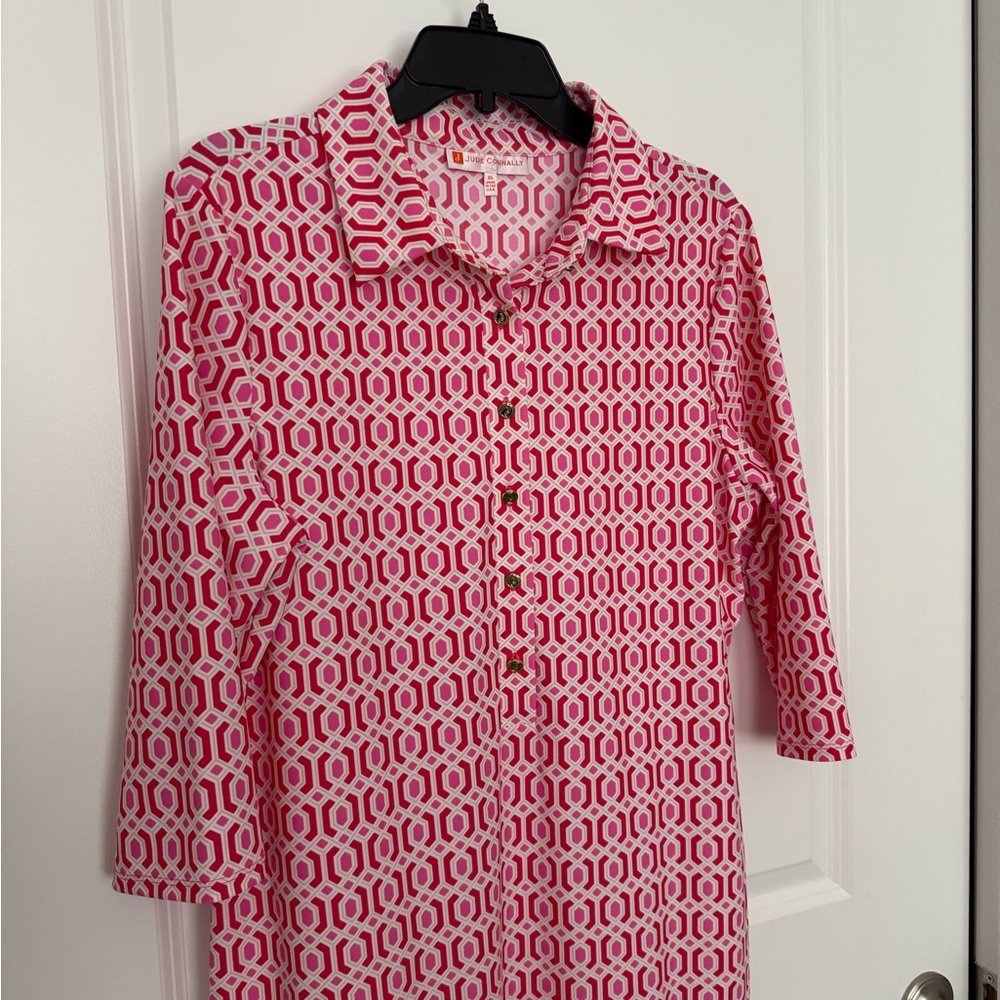 Pink and White Geometric Button-Up Jude Connelly Jude Cloth dress